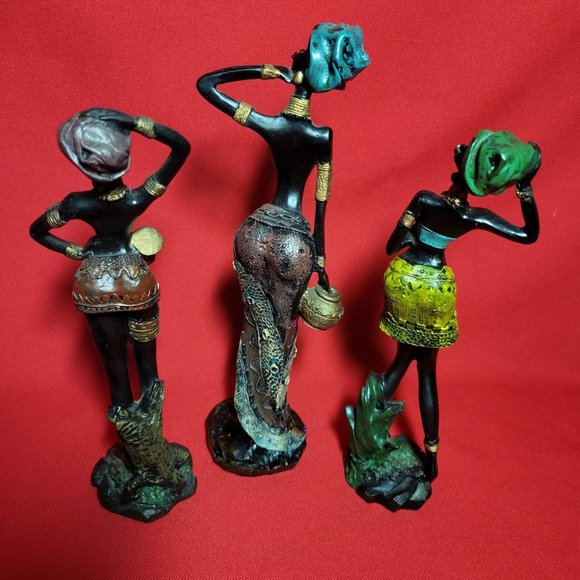 Vintage African Tribal Lady Woman Resin Figure Sculpture Decor Set of 3 - Picture 11 of 12